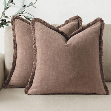 Brown Linen Fringe Throw Pillow