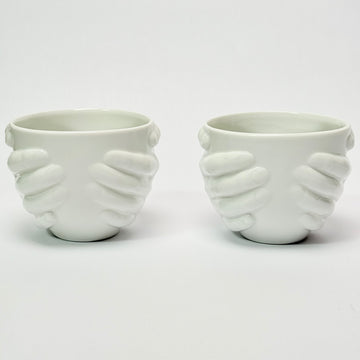 White Ceramic “Hands” Mugs – Set of 2