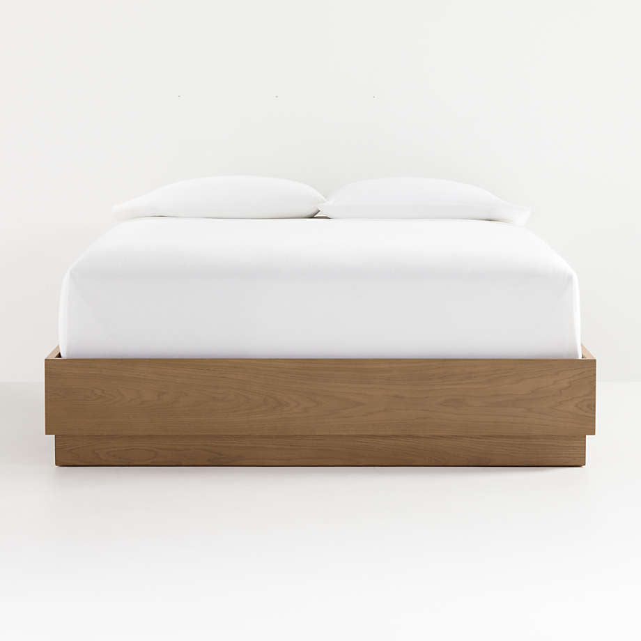 Custom Upholstered Brown Oak Bed + Shelves - King