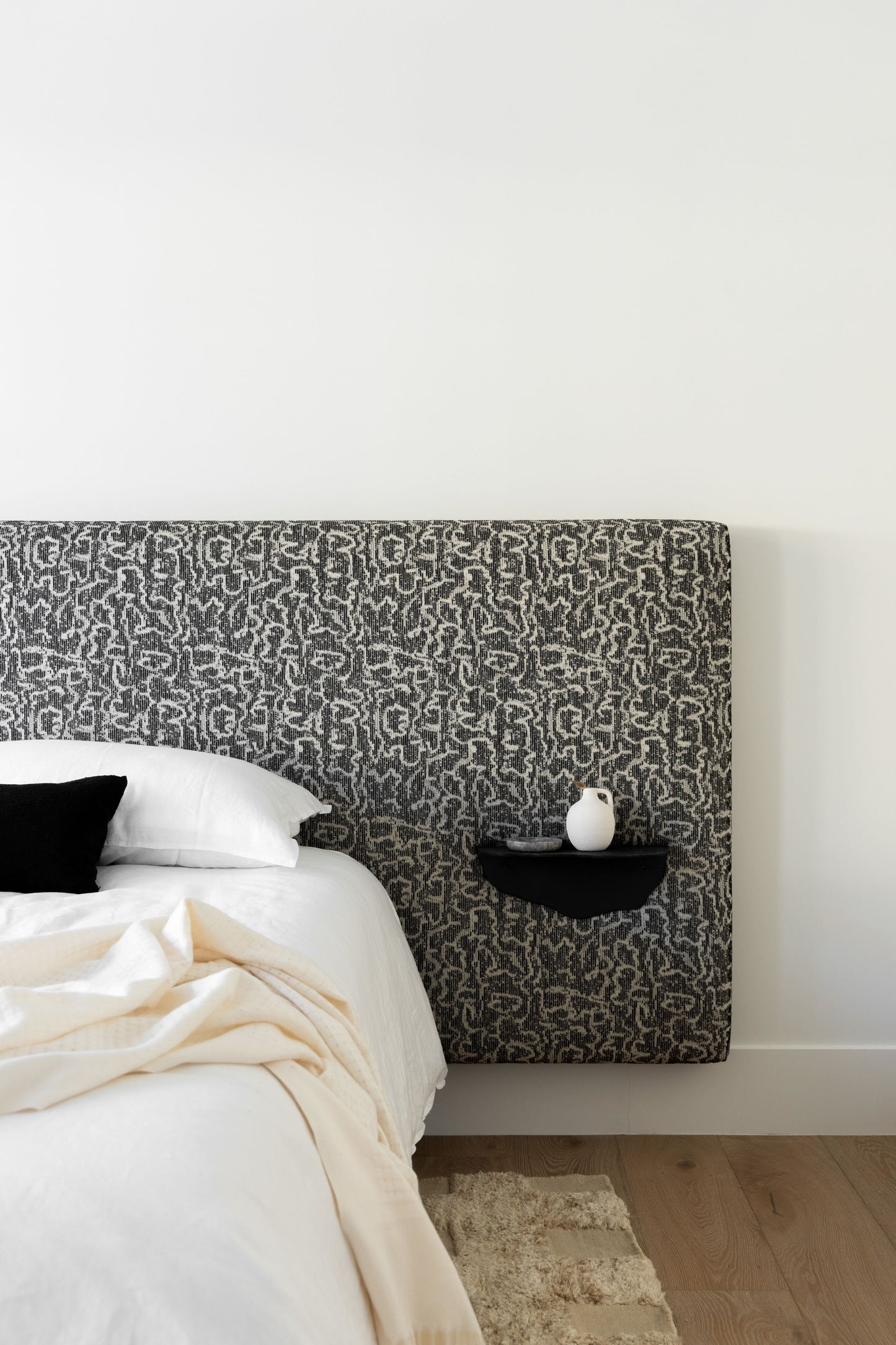 Custom Upholstered Brown Oak Bed + Shelves - King